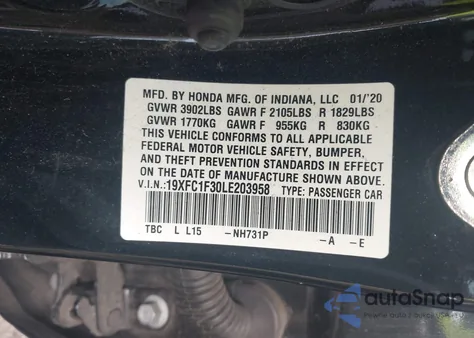 2020 Honda Civic Ex из США, поврежденный, VIN 19XFC1F30LE203958